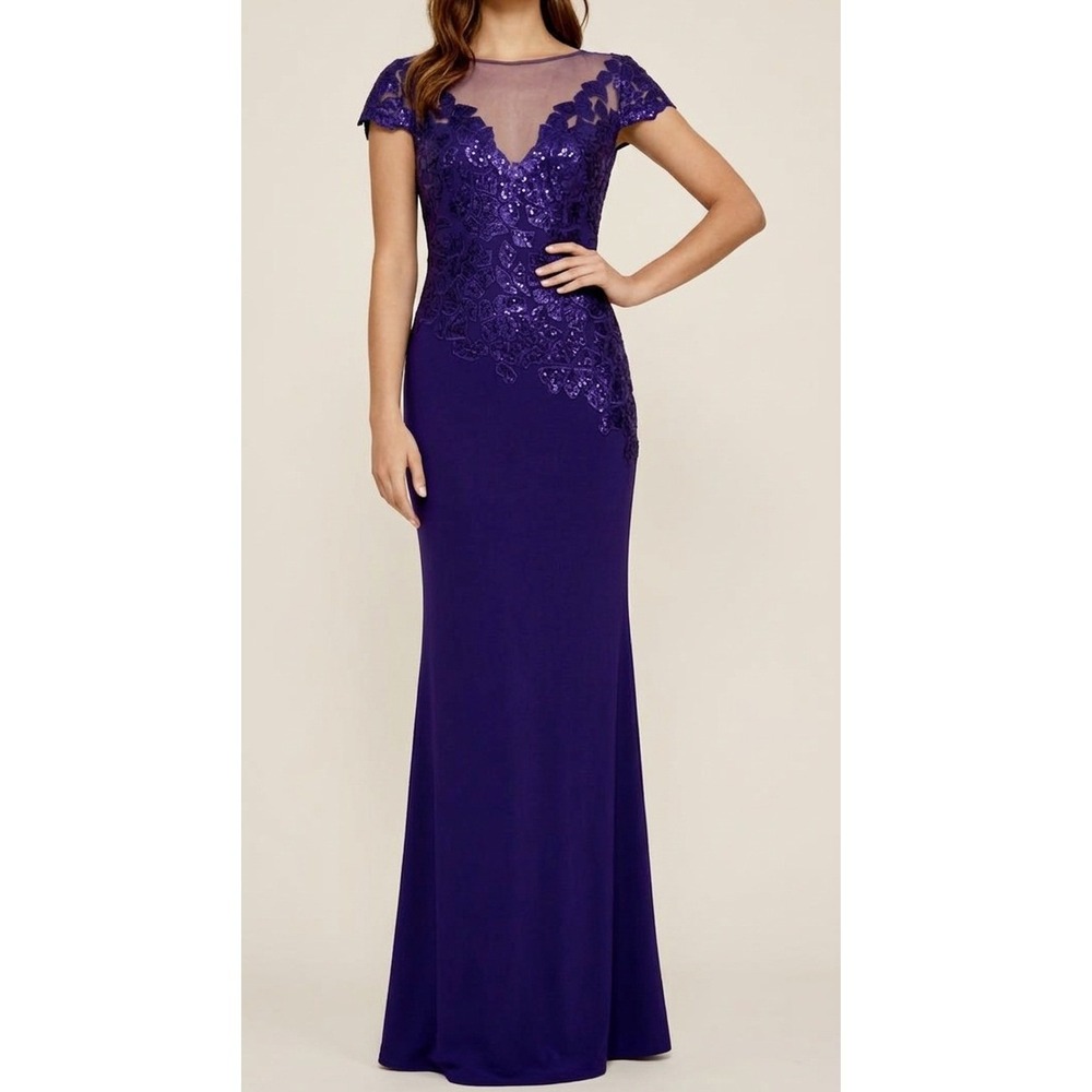 Tadashi Shoji Gown 6 Purple Sequin Illusion Mesh Formal Dress Event Gala Wedding